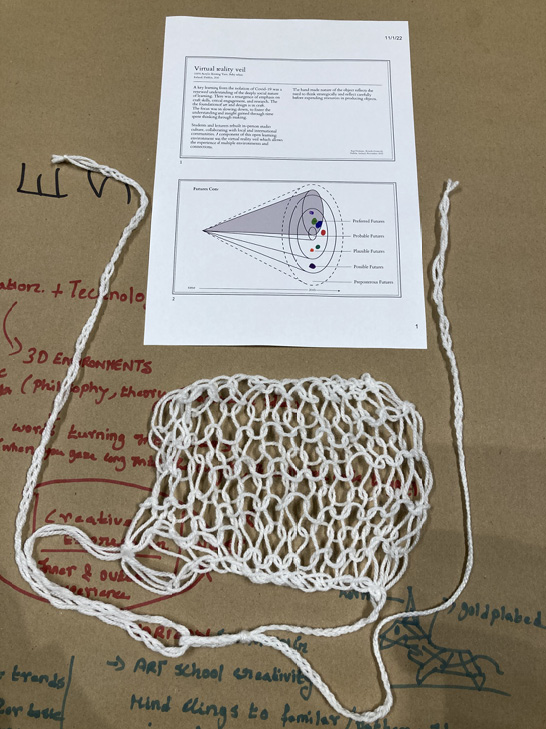 <p><strong>FAST45 Futures Archive &ndash; Artefact #15 &ndash; <em>Virtual Reality Veil</em></strong></p><p><em>A global pandemic highlighted the social aspect of learning, leading to a revival of craft skills, critical thinking, and research in art and design education. Emphasis shifted to slowing down and fostering understanding through hands-on creation. Students and educators rebuilt studio culture, engaging with local and global communities, facilitated by tools like the virtual reality veil for diverse experiences. The handmade nature of the artefact promotes thoughtful resource use through strategic thinking and reflection in object creation.</em></p>