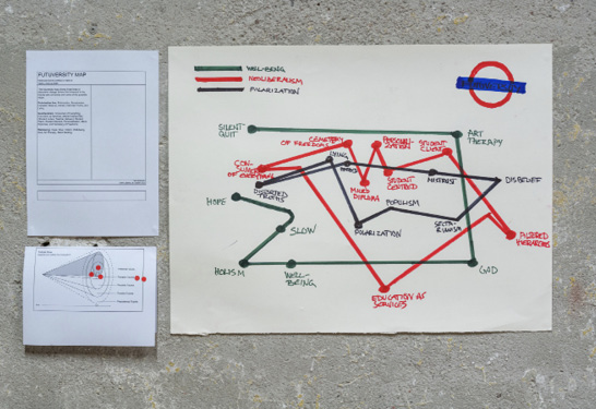 <p><strong>FAST45 Futures Archive &ndash; Artefact #10 &ndash; <em>Futuversity Map</em></strong></p><p><em>The Futuversity map shows three lines of discursive change drivers intersecting in the futures arts university and some possible stops. Polarization line: Polarization, Sectarianism, Disbelief, Mistrust, Hatred, Distorted Truths, and Lying. Neoliberalism line: Consumer of Everything, Education as Services, Altered Hierarchies (Student orders, Teacher delivers), Student Client, Student Centred, Personalization, Micro Diplomas, and Cemetery of Freedoms. Well-being: Hope, Slow, Holism, Well-being, God, Art Therapy, Silent Quitting.</em></p>