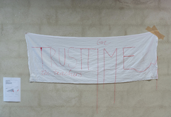 <p><strong>FAST45 Futures Archive &ndash; Artefact #12 &ndash; <em>Trust Time</em></strong></p><p><em>&ldquo;Give time, trust the teachers,&rdquo; reads the red text on white cotton. It is a banner to remind us that time is needed in the present to think about the future of HAE and while shaping it, decision-makers should not forget to trust the educational staff.</em></p>