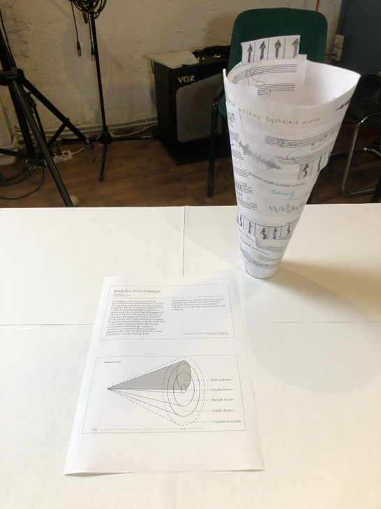 <p><strong>FAST45 Futures Archive &ndash; Artefact #22 &ndash; <em>Borderless Score Prototype</em></strong></p><p><em>The borderless score was developed in response to the Russia-Ukraine war (2022-2035) to transcend geographical and cultural boundaries by incorporating languages and art forms. This holographic score guides music performance while adapting to various artistic practices, environments, instruments, performers, and even their biological data. Its success has led to the transcription of existing musical scores, making it a globally adopted tool for diverse performances and practices across continents.</em></p>