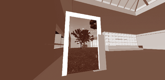 <p>Model van het atrium met portal naar het atrium-als-tuin (schermopname uit game-engine Unity).</p>