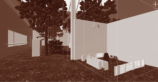 <p>Model van het atrium met tuin en schaalmodel (schermopname uit game-engine Unity).</p>