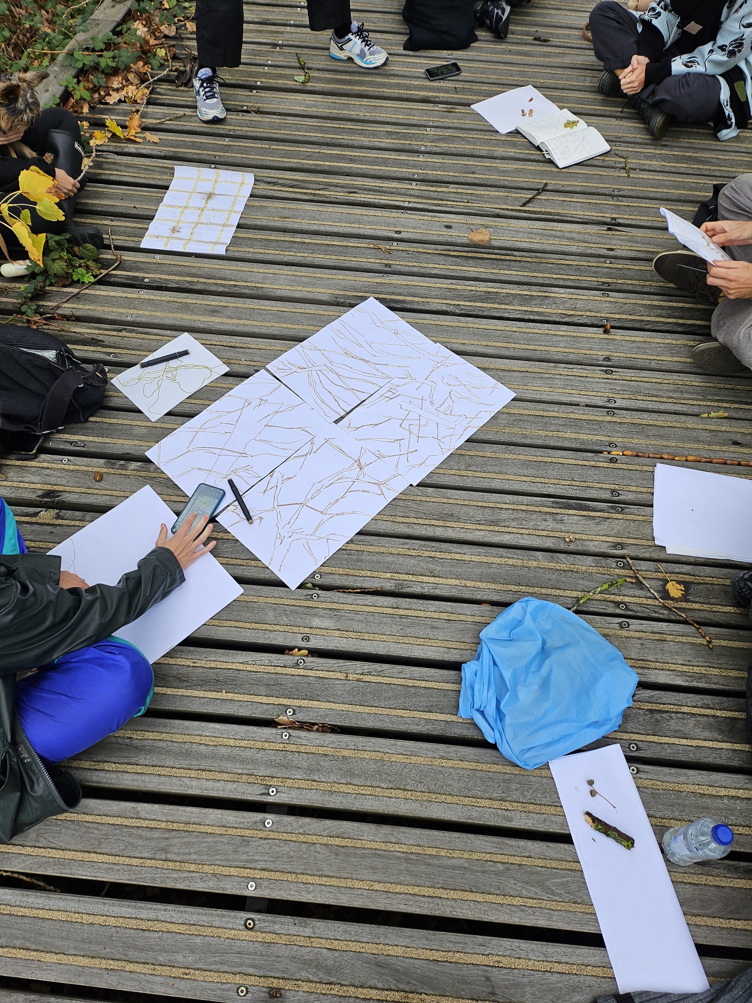 <p>Fig. 4: Anneleen Swillen and Guus Vandeweerd, <em>collective mapping during the session &ldquo;Wood Wide Webs&rdquo;, exploring different ways of engaging with the park at Prinsenhof, Hasselt</em>,<em> </em>2025-2026<em>. </em>Photo by Guus Vandeweerd.</p>