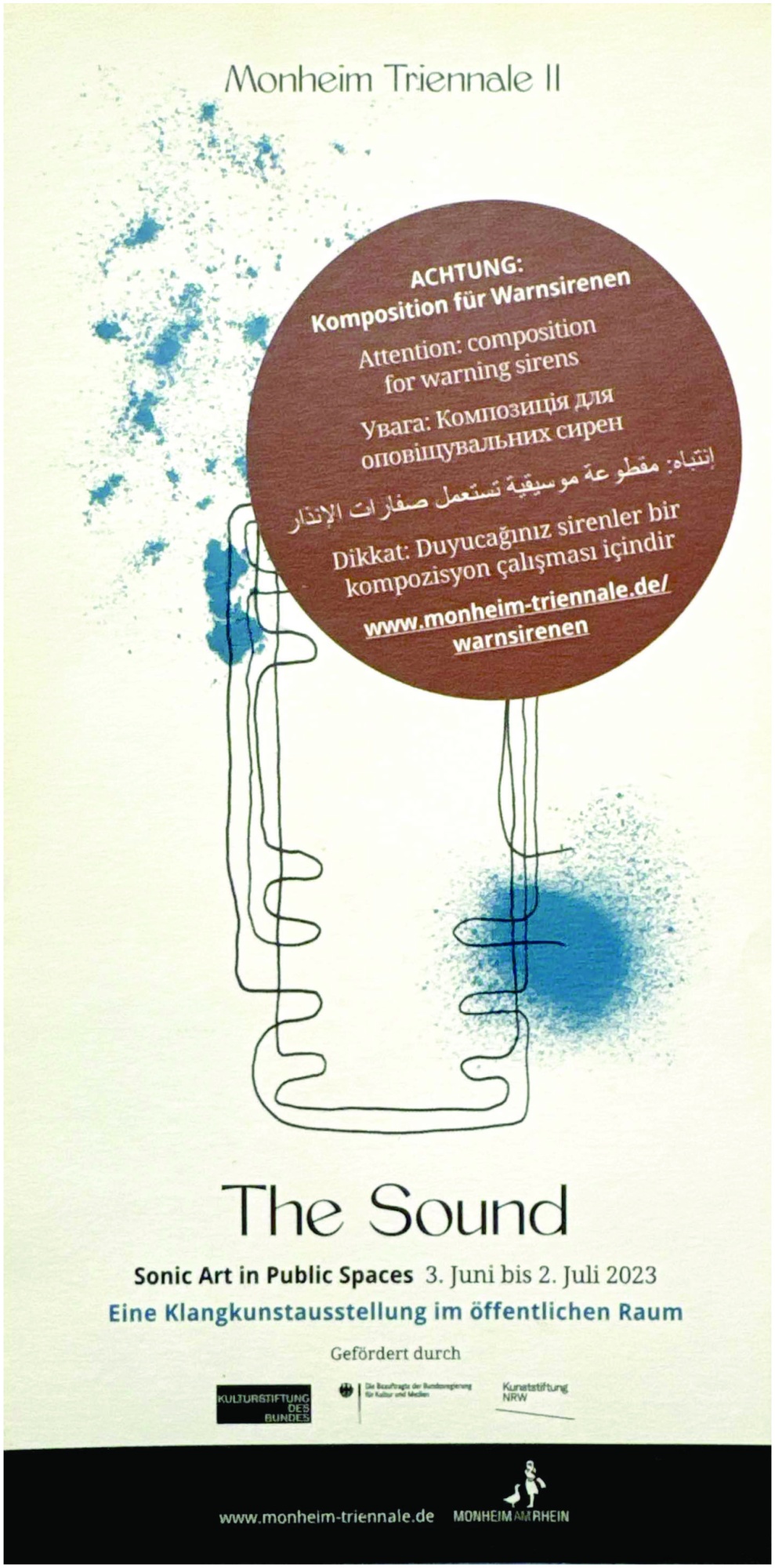 <p>Fig. 6: Cover of the leaflet explaining <em>Collective Signal &ndash; Monheim version </em>to the Monheim population: &ldquo;Attention: composition for warning sirens.&rdquo; Courtesy Vasilis Marmatakis.</p>
